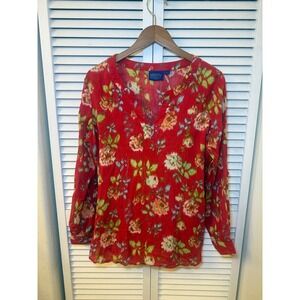 Pendleton Womens Red Floral Ikat Cotton Gauze Split Neck Roll Tab Tunic Top L